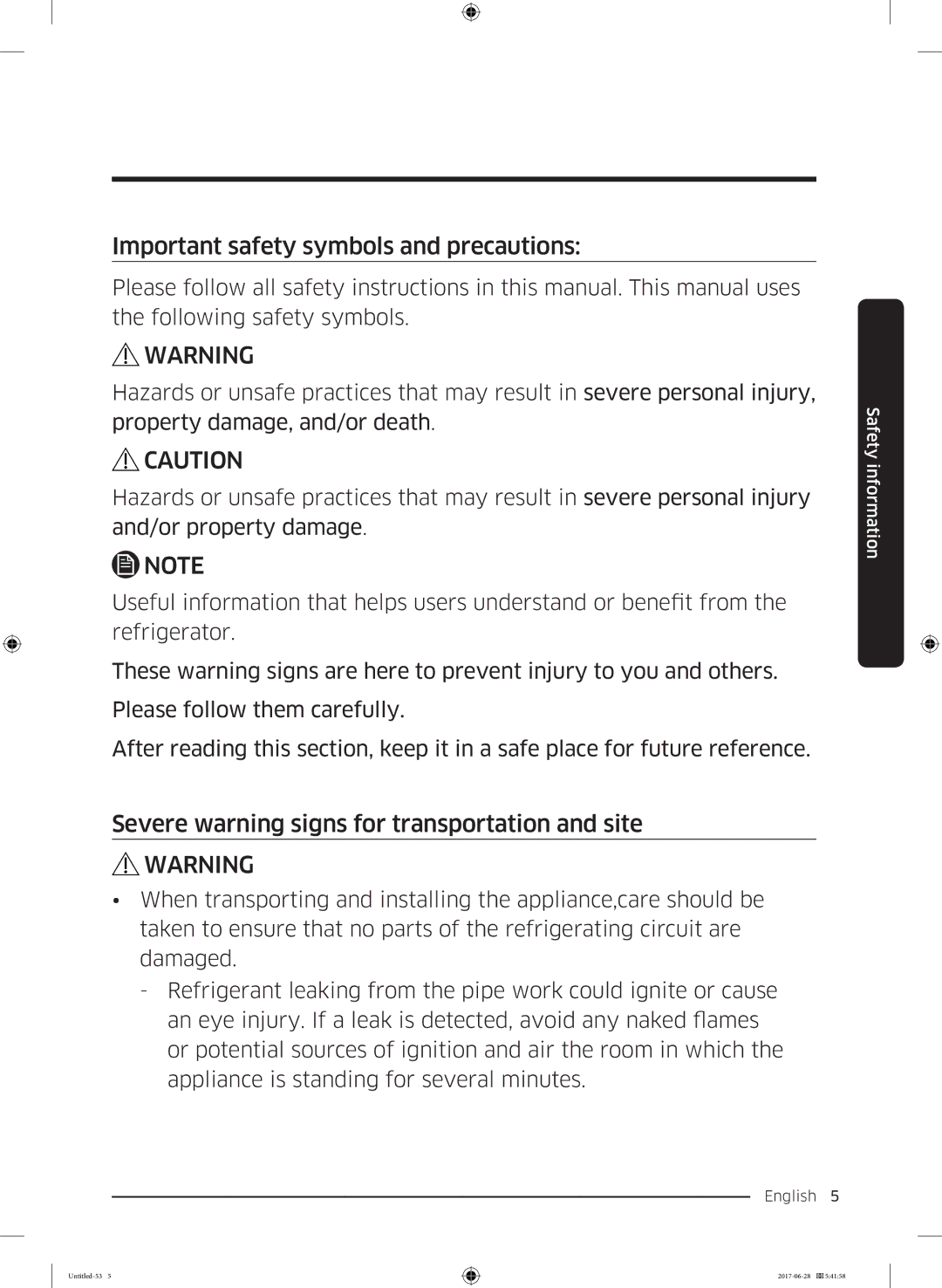 Samsung RF56K9041SR/ES manual Important safety symbols and precautions, Severe warning signs for transportation and site 