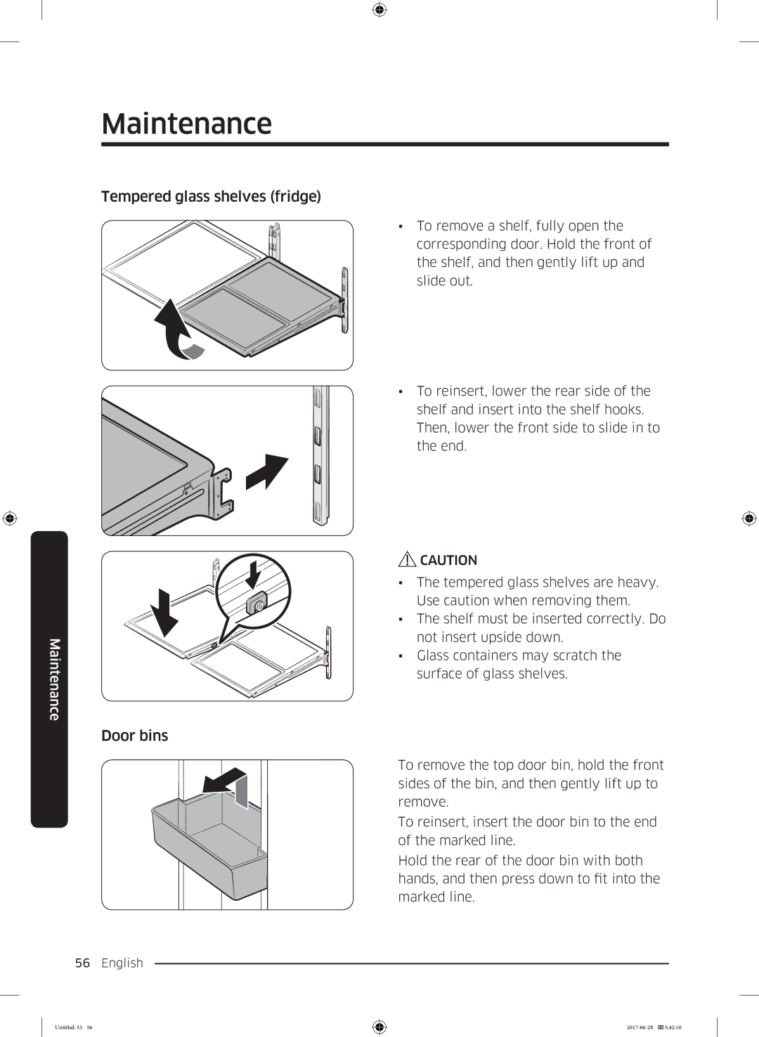 Samsung RF56K9041SR/ES manual Tempered glass shelves fridge, Door bins 