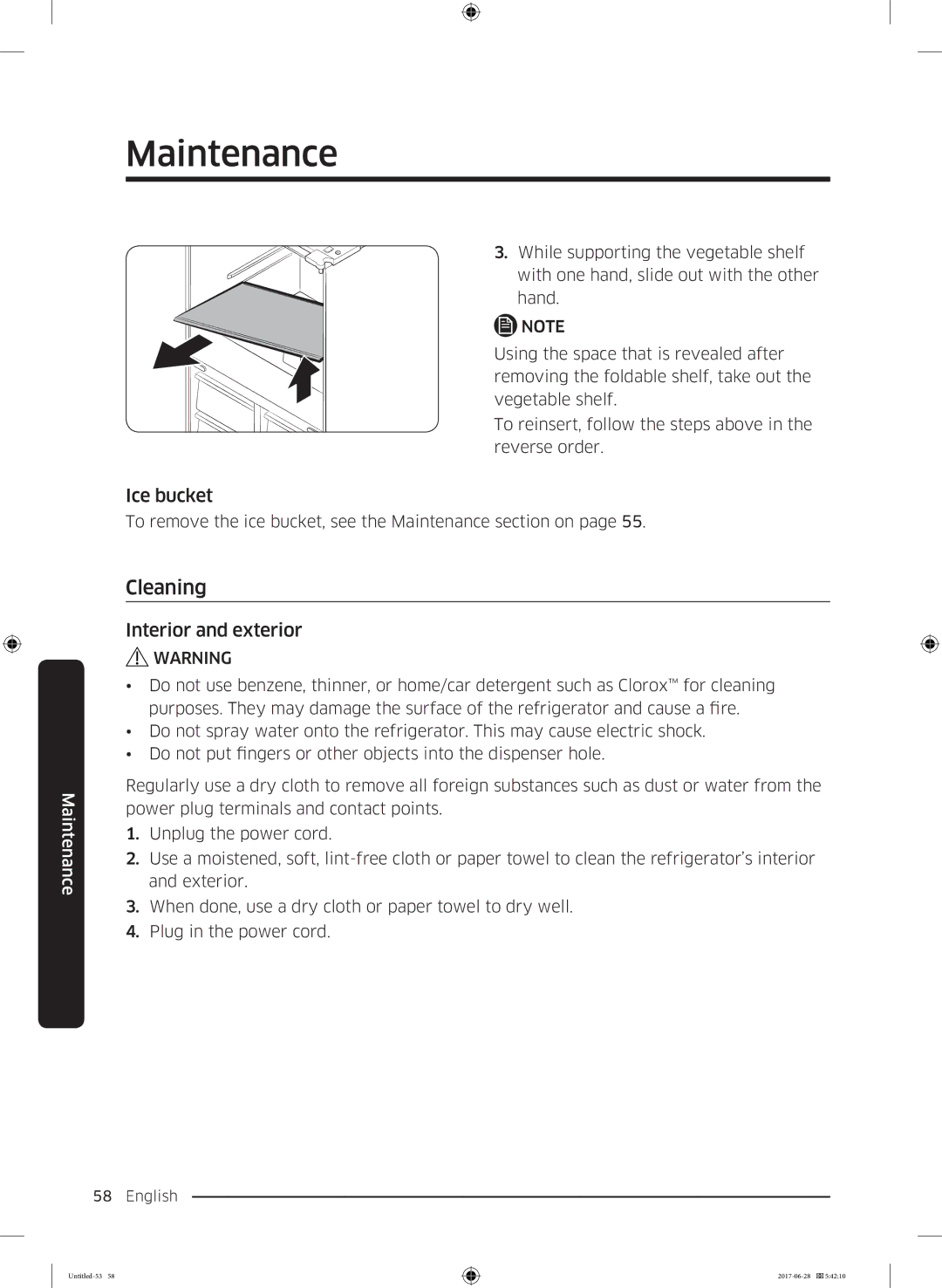 Samsung RF56K9041SR/ES manual Cleaning, Interior and exterior, To remove the ice bucket, see the Maintenance section on 