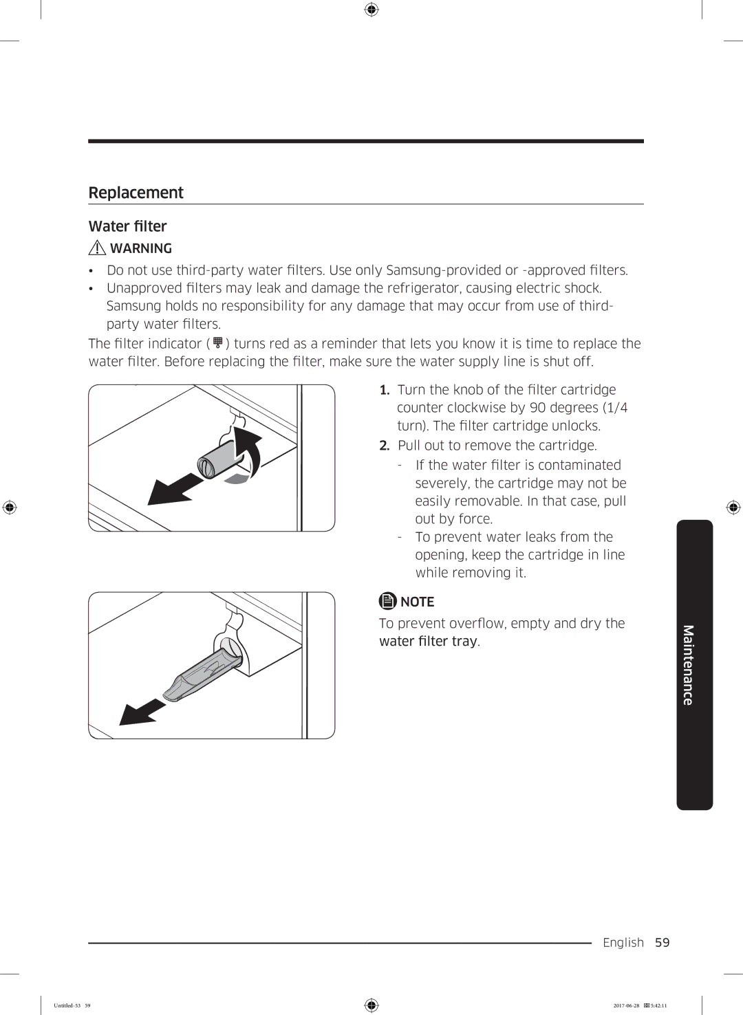 Samsung RF56K9041SR/ES manual Replacement, Water filter tray 