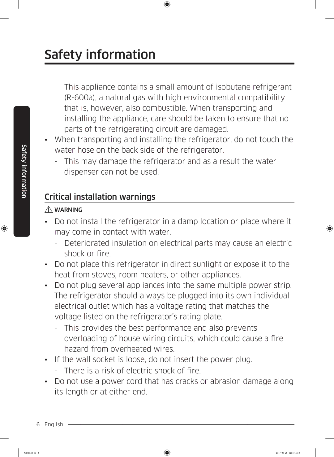 Samsung RF56K9041SR/ES manual Critical installation warnings 