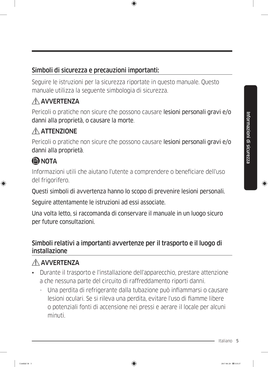 Samsung RF56K9041SR/ES manual Simboli di sicurezza e precauzioni importanti, Avvertenza 