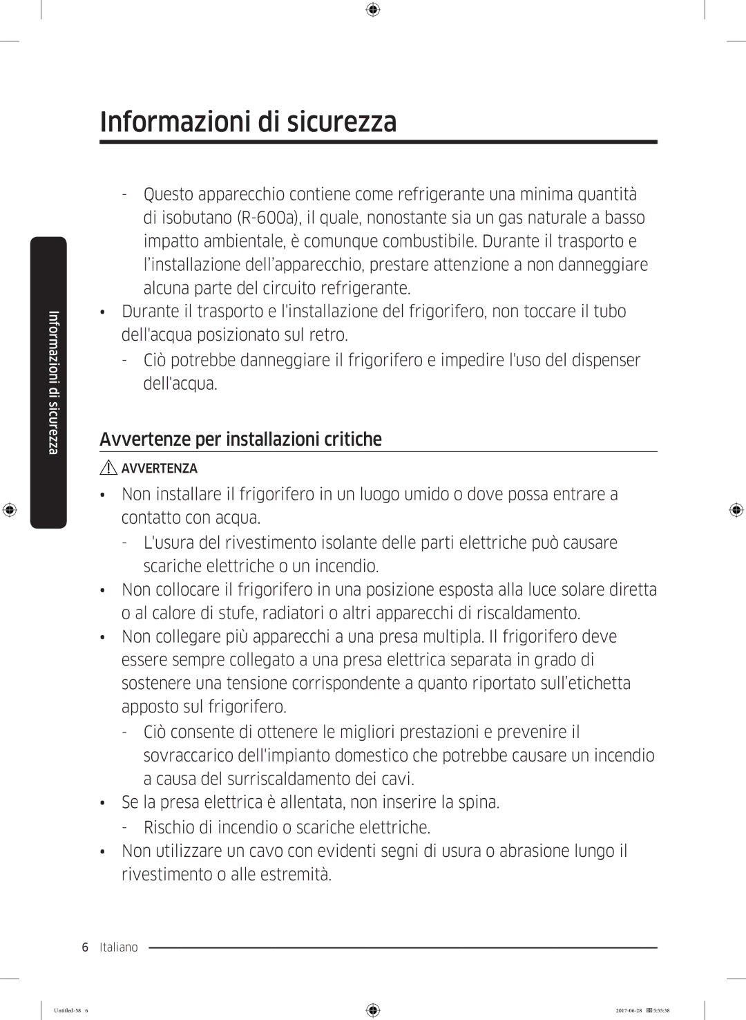 Samsung RF56K9041SR/ES manual Avvertenze per installazioni critiche 