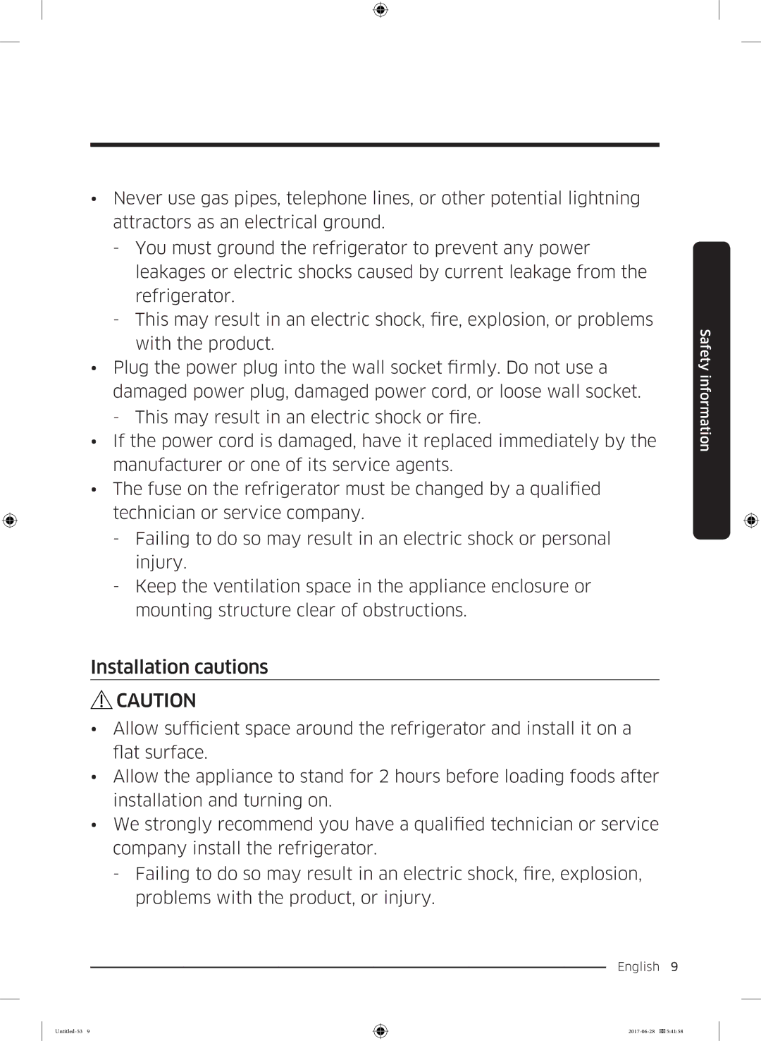 Samsung RF56K9041SR/ES manual Installation cautions 