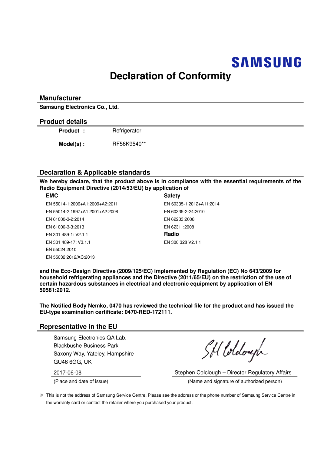 Samsung RF56K9540SR/EU manual Declaration of Conformity, Manufacturer Product details, Declaration & Applicable standards 