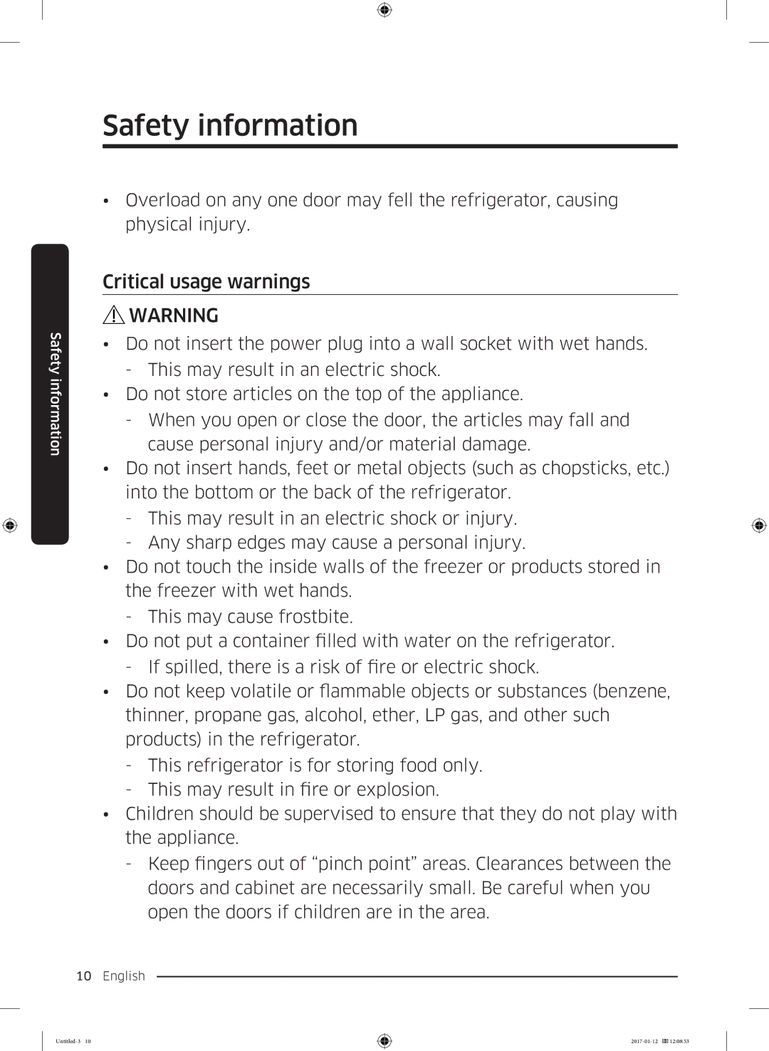 Samsung RF56K9540SR/EU manual Critical usage warnings 