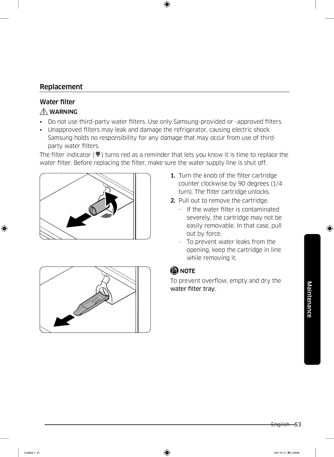 Samsung RF56K9540SR/EU manual Replacement, Water filter 