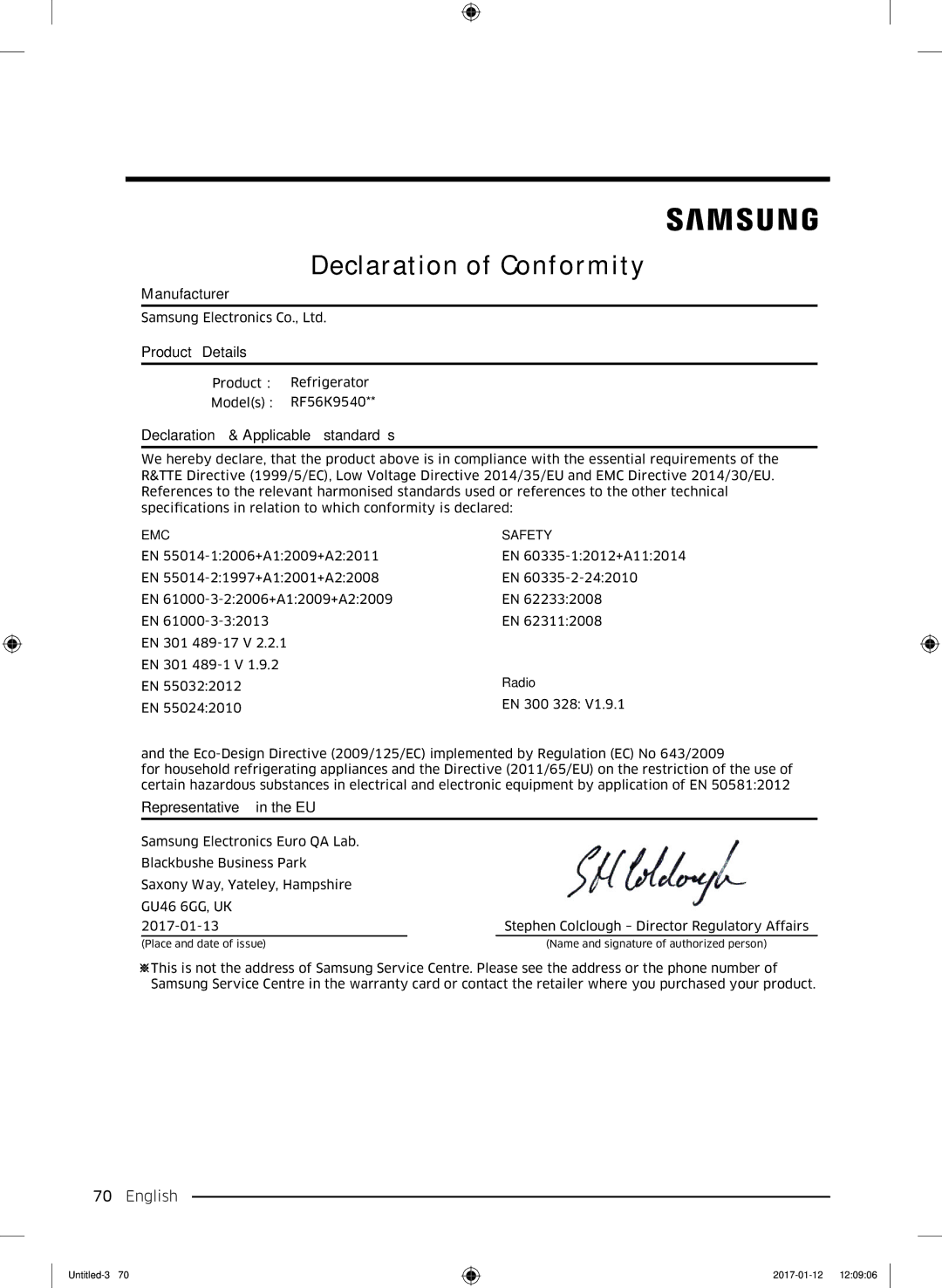 Samsung RF56K9540SR/EU manual Declaration of Conformity 