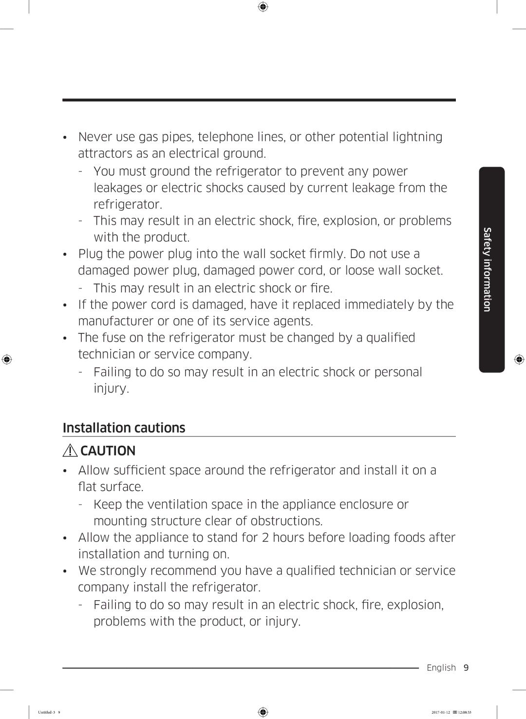 Samsung RF56K9540SR/EU manual Installation cautions 