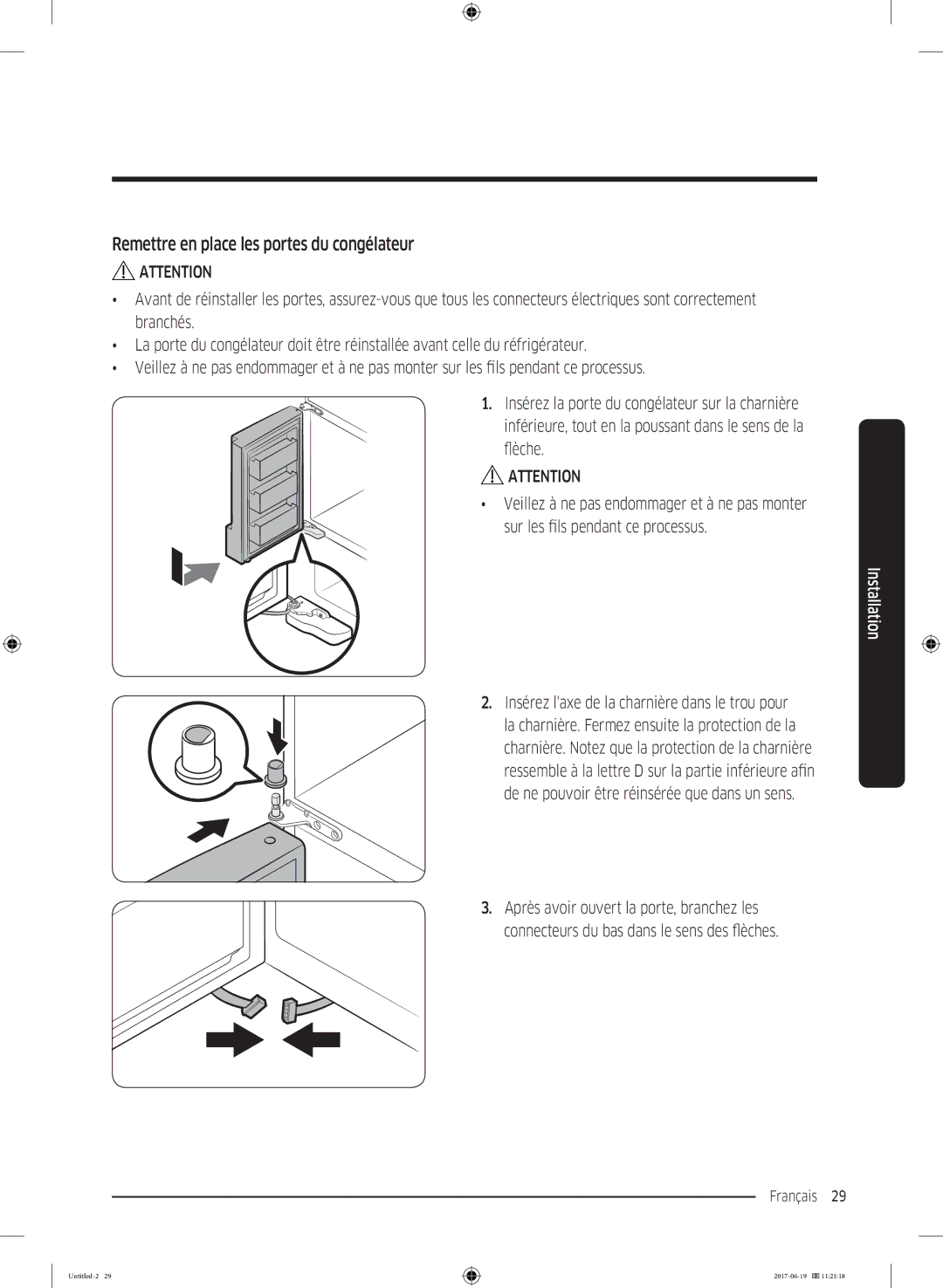 Samsung RF56M9380SG/EF manual Remettre en place les portes du congélateur 