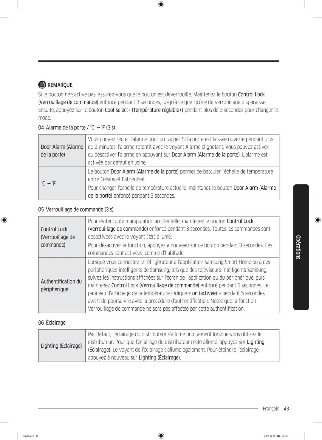 Samsung RF56M9380SG/EF manual De la porte, Activée par défaut en usine,  F Entre Celsius et Fahrenheit, Control Lock 