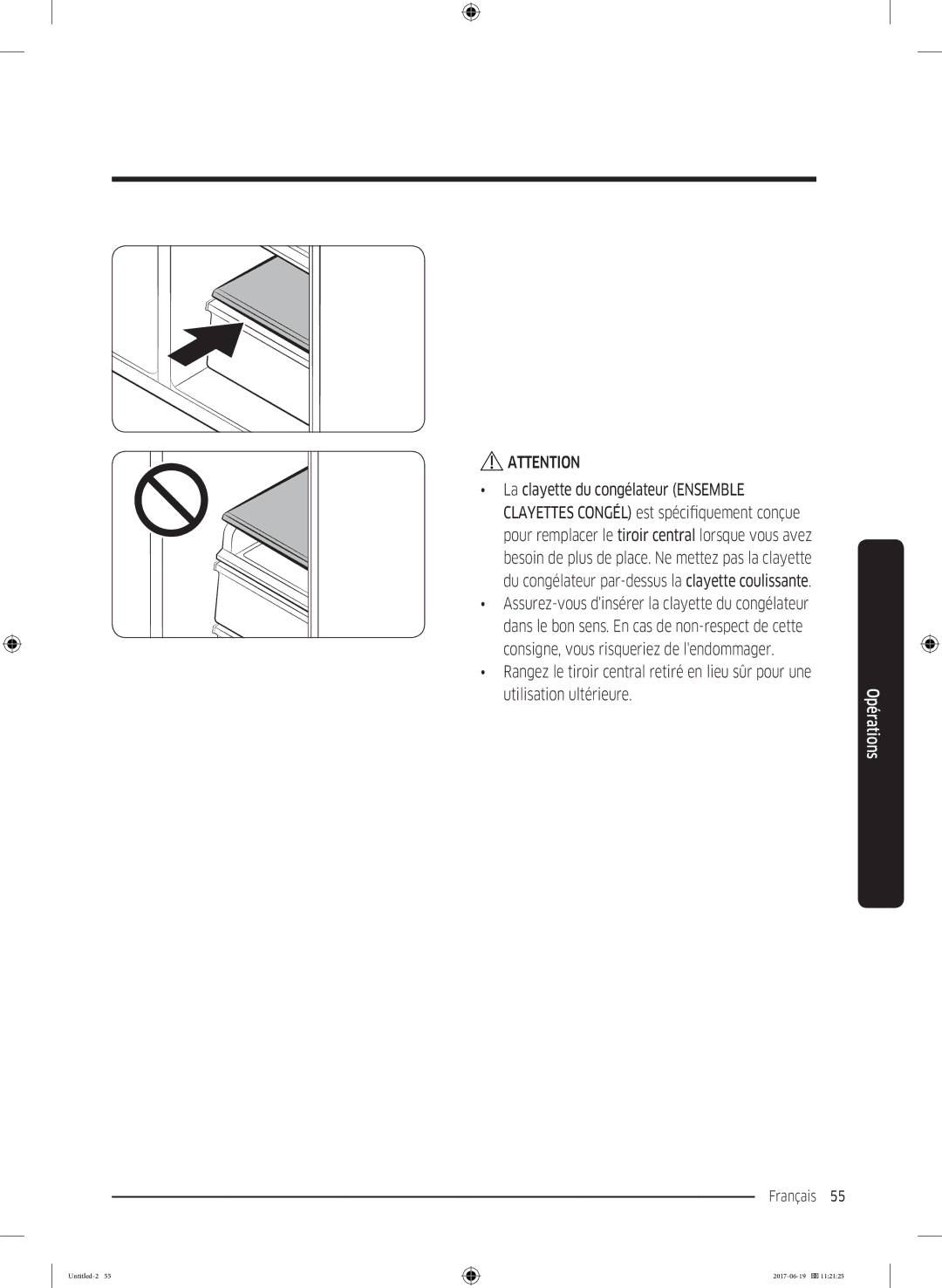 Samsung RF56M9380SG/EF manual La clayette du congélateur Ensemble, Rangez le tiroir central retiré en lieu sûr pour une 