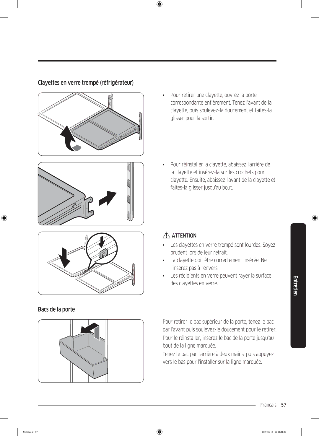 Samsung RF56M9380SG/EF manual Clayettes en verre trempé réfrigérateur Bacs de la porte, Des clayettes en verre 