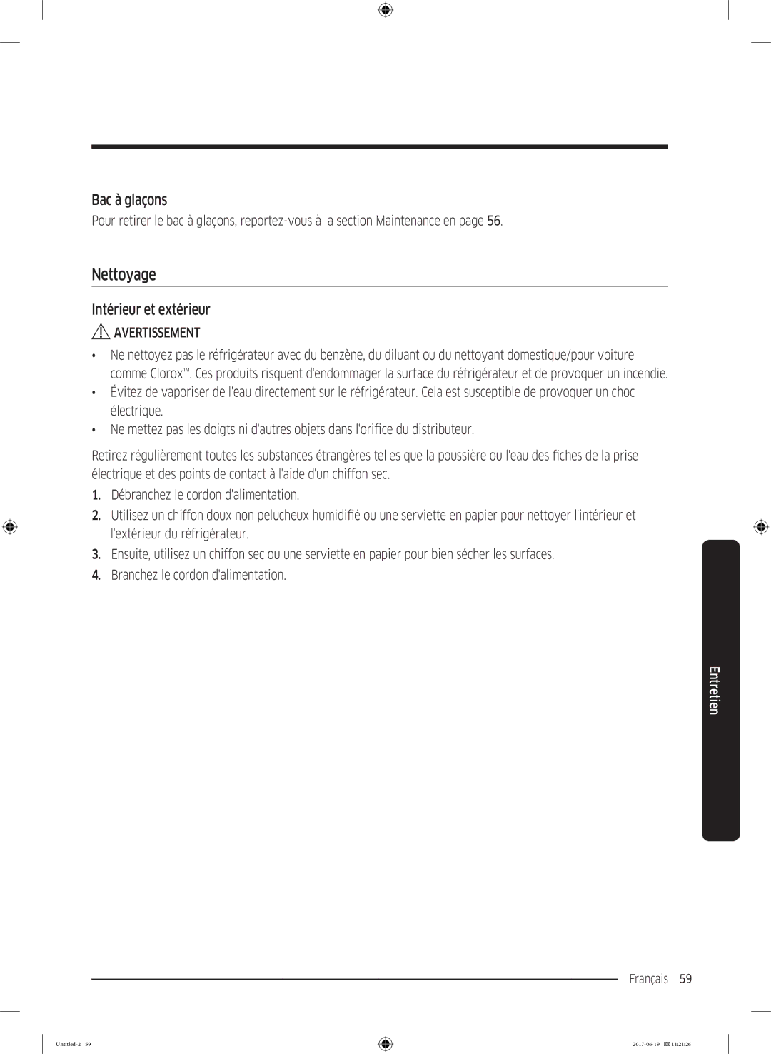 Samsung RF56M9380SG/EF manual Nettoyage, Intérieur et extérieur 