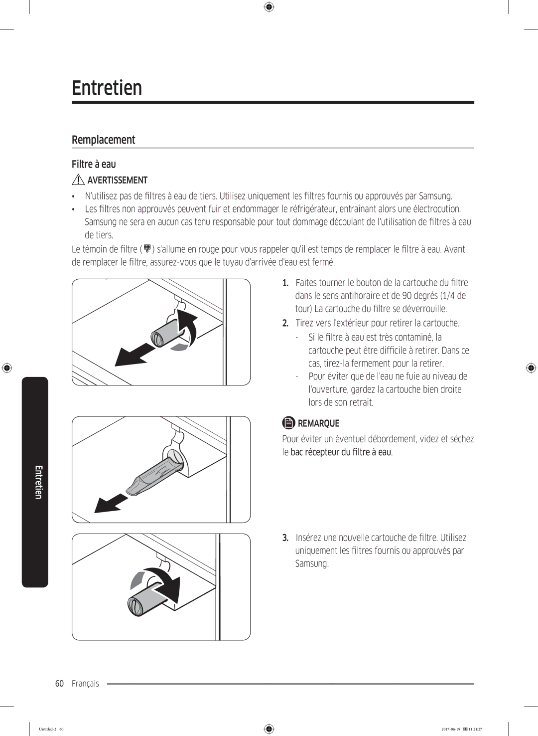 Samsung RF56M9380SG/EF manual Remplacement, Filtre à eau 