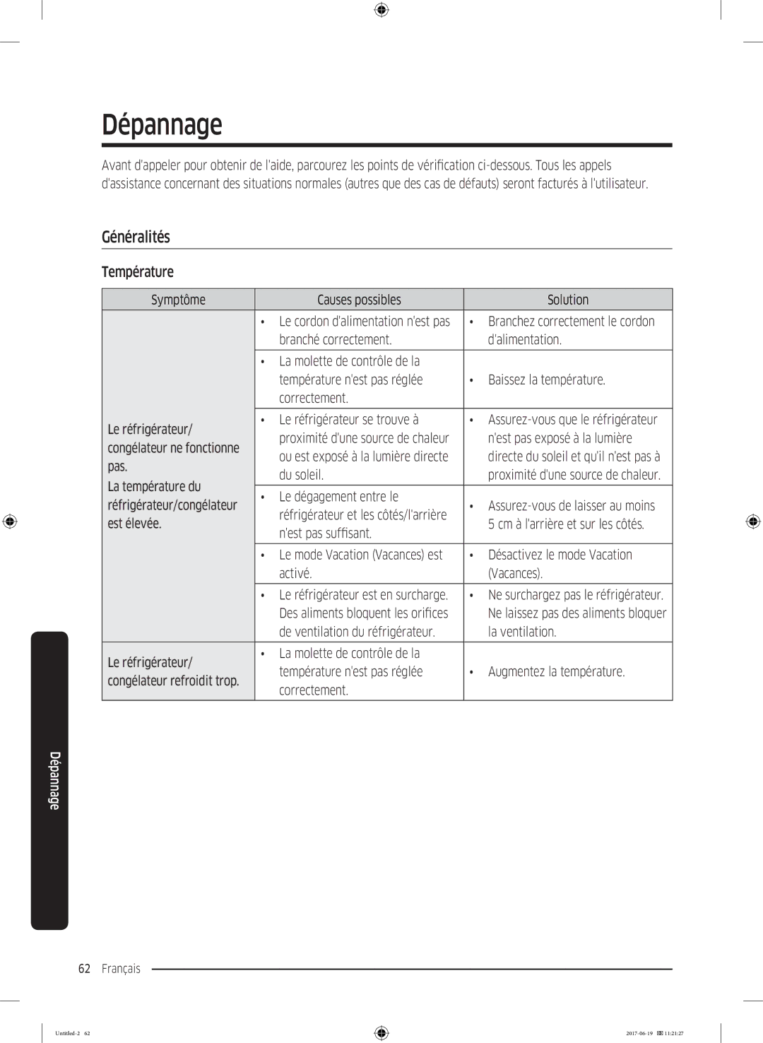 Samsung RF56M9380SG/EF Généralités, Température, Nest pas exposé à la lumière, Congélateur ne fonctionne, Pas Du soleil 