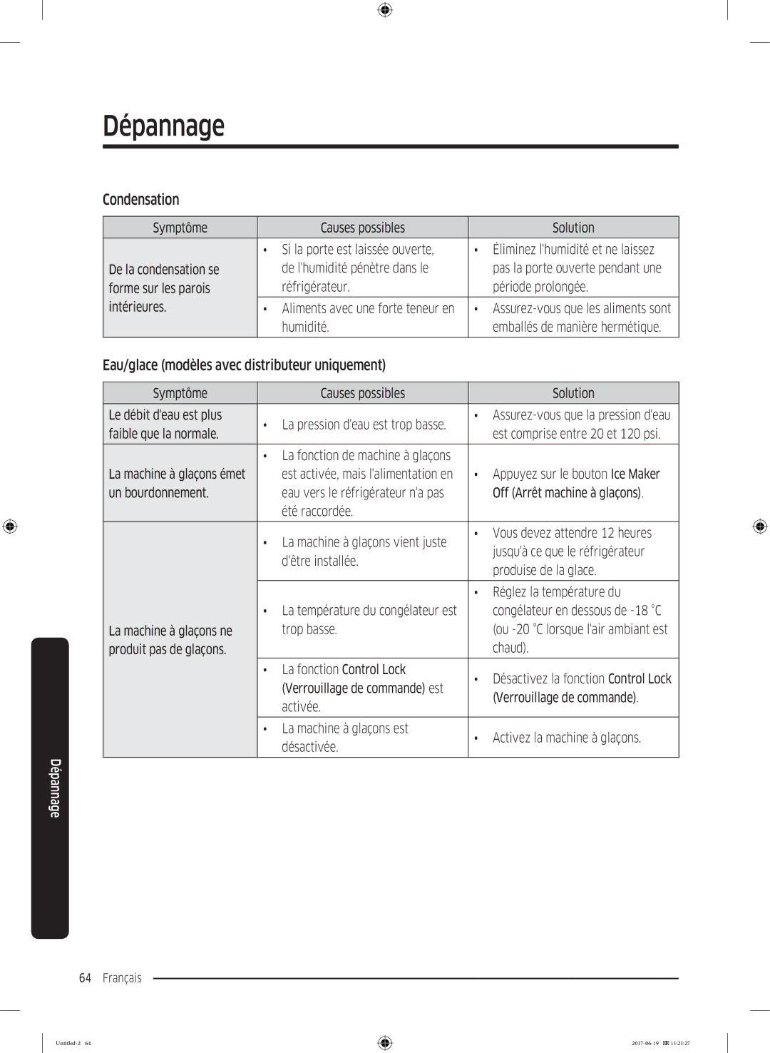 Samsung RF56M9380SG/EF manual Condensation, Eau/glace modèles avec distributeur uniquement 