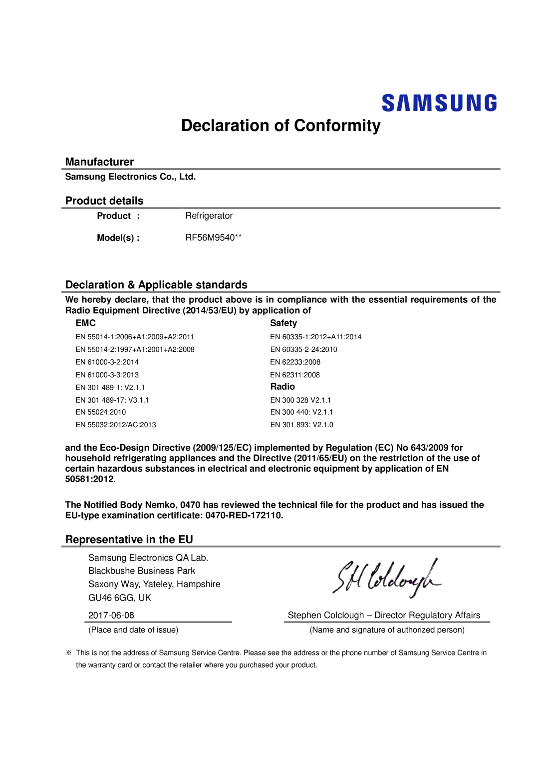 Samsung RF56M9540SR/EF manual Declaration of Conformity, Manufacturer Product details, Declaration & Applicable standards 