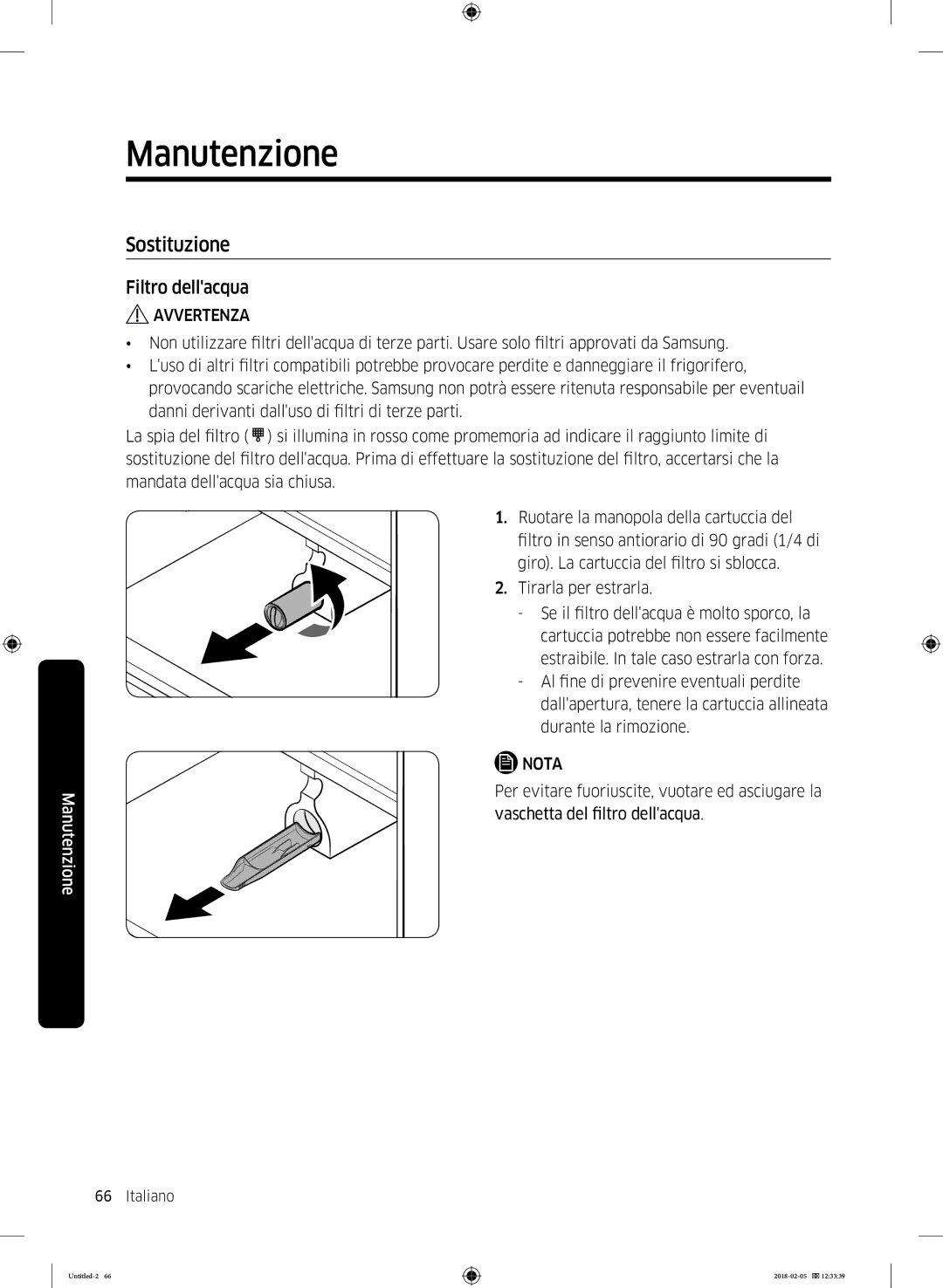 Samsung RF56N9740SR/EF manual Sostituzione, Filtro dellacqua 