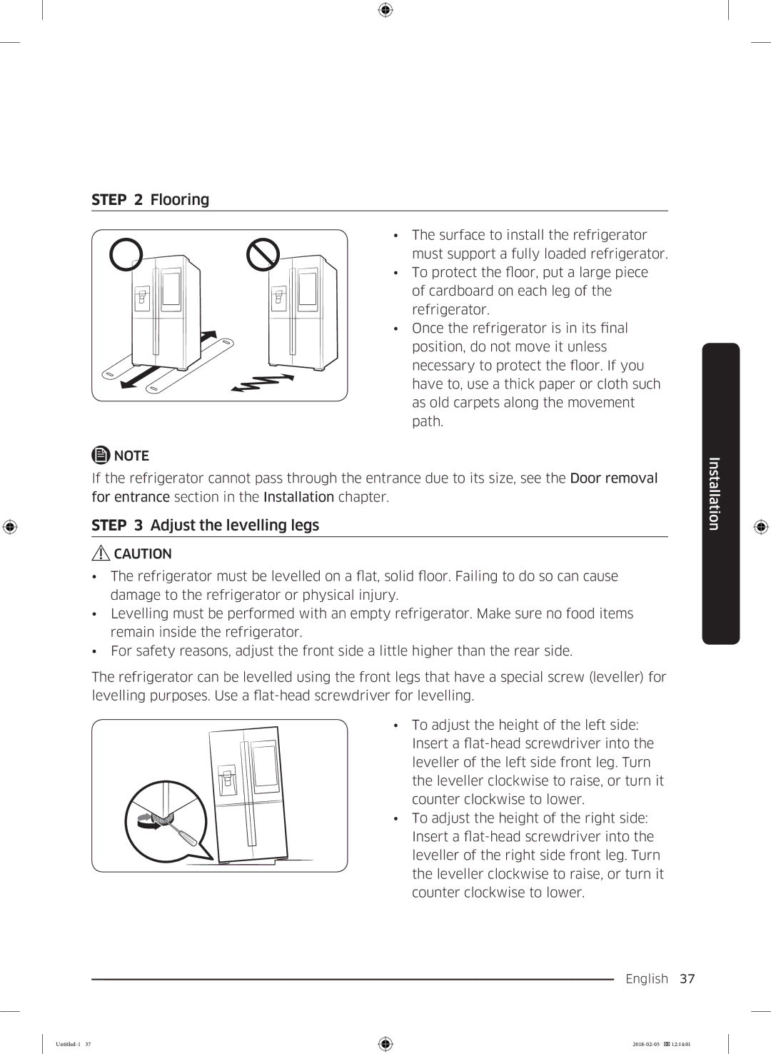 Samsung RF56N9740SR/EF manual Flooring, Adjust the levelling legs 