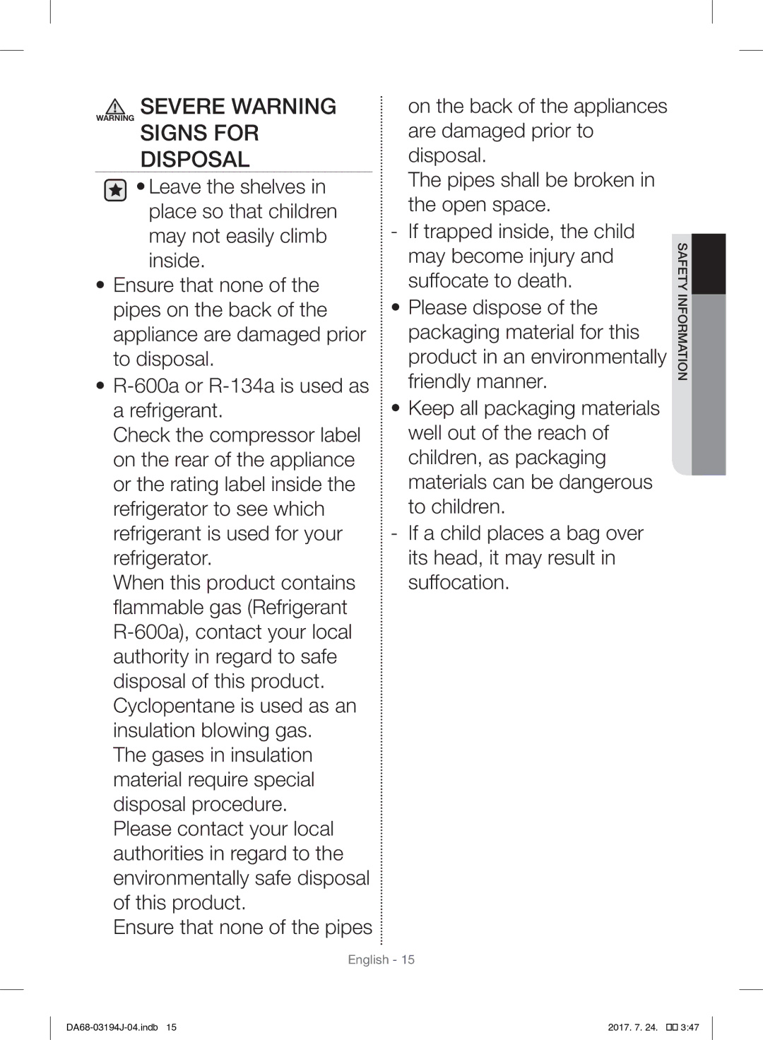 Samsung RF60J9000SL/ML, RF60J9000SG/ML manual Severe Warning Warning Signs for Disposal 