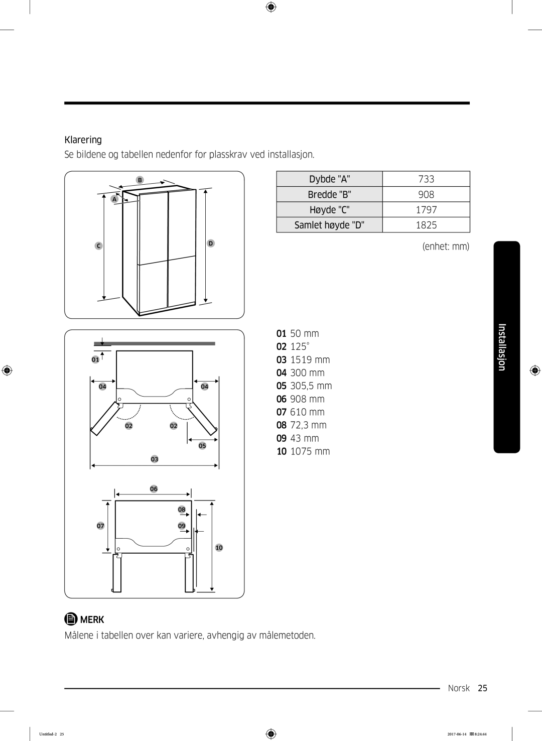 Samsung RF60J9020WZ/EE manual Målene i tabellen over kan variere, avhengig av målemetoden 