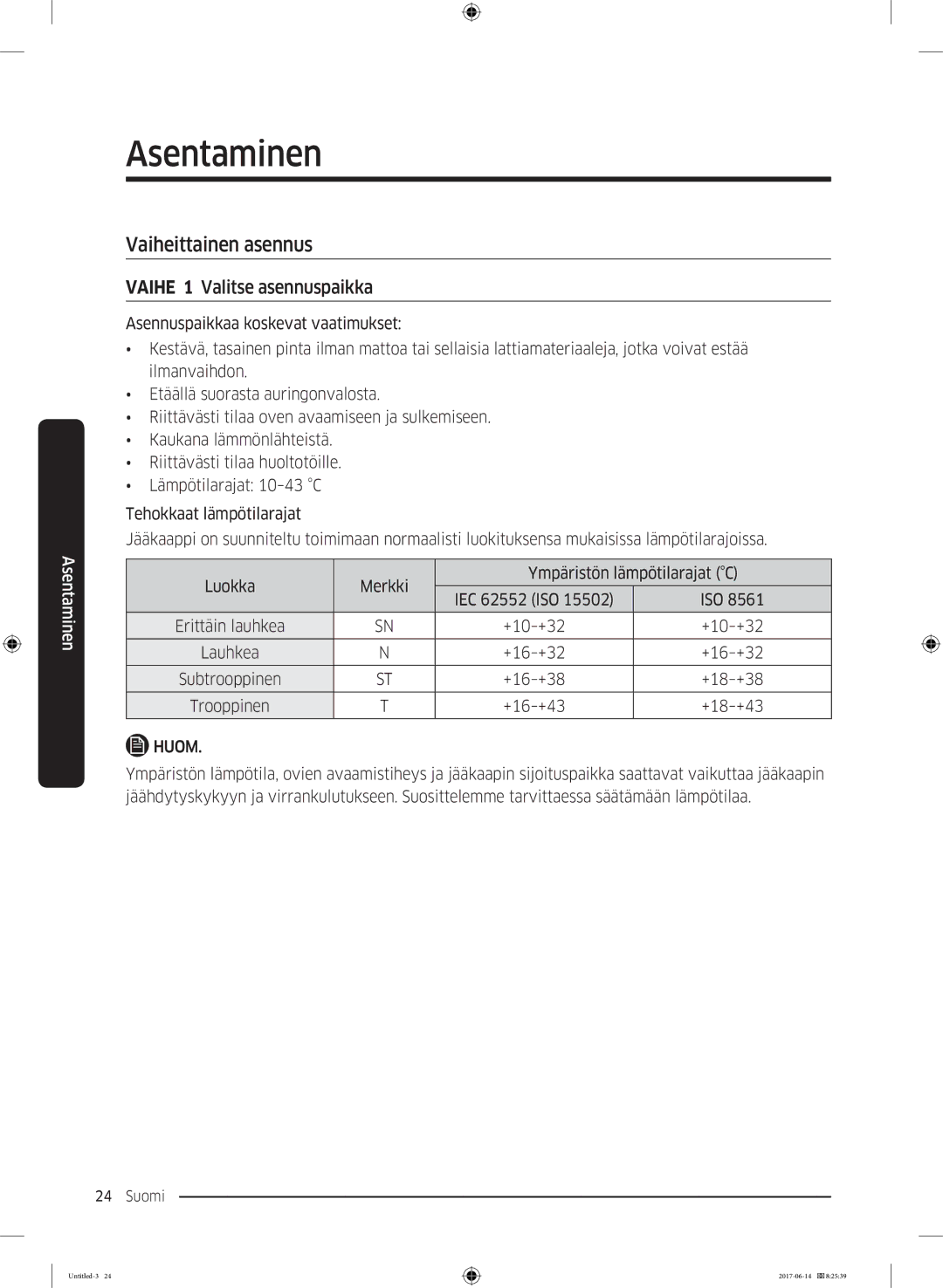 Samsung RF60J9020WZ/EE manual Vaiheittainen asennus, Vaihe 1 Valitse asennuspaikka 