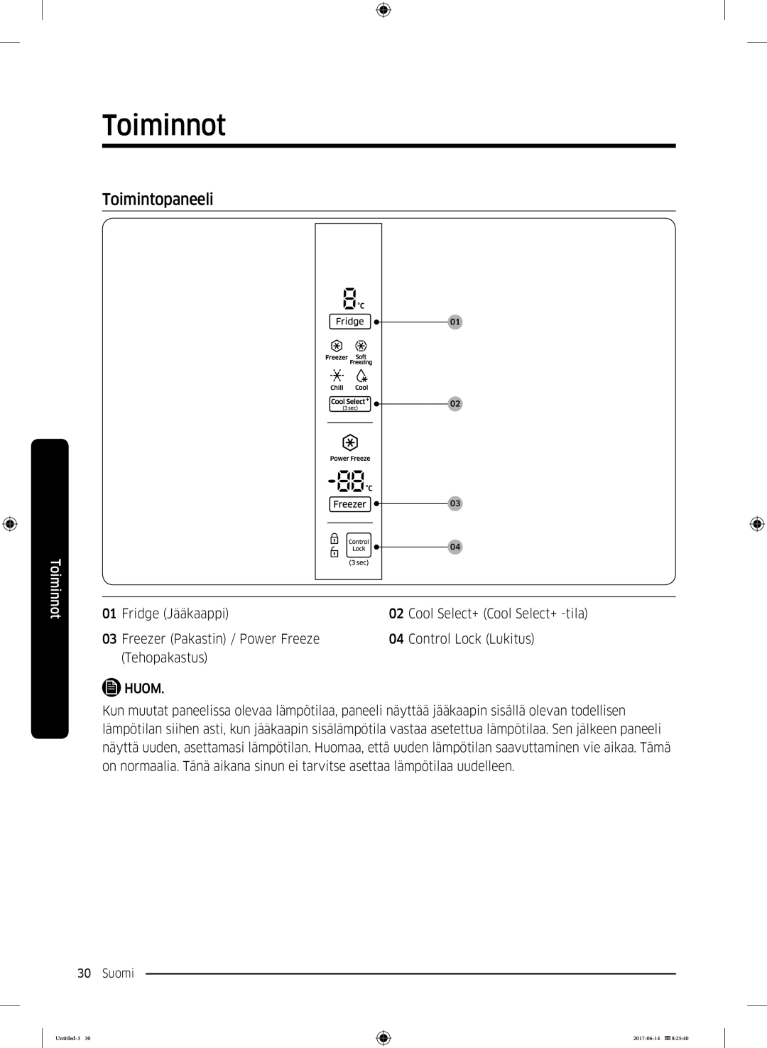 Samsung RF60J9020WZ/EE manual Toiminnot, Toimintopaneeli 