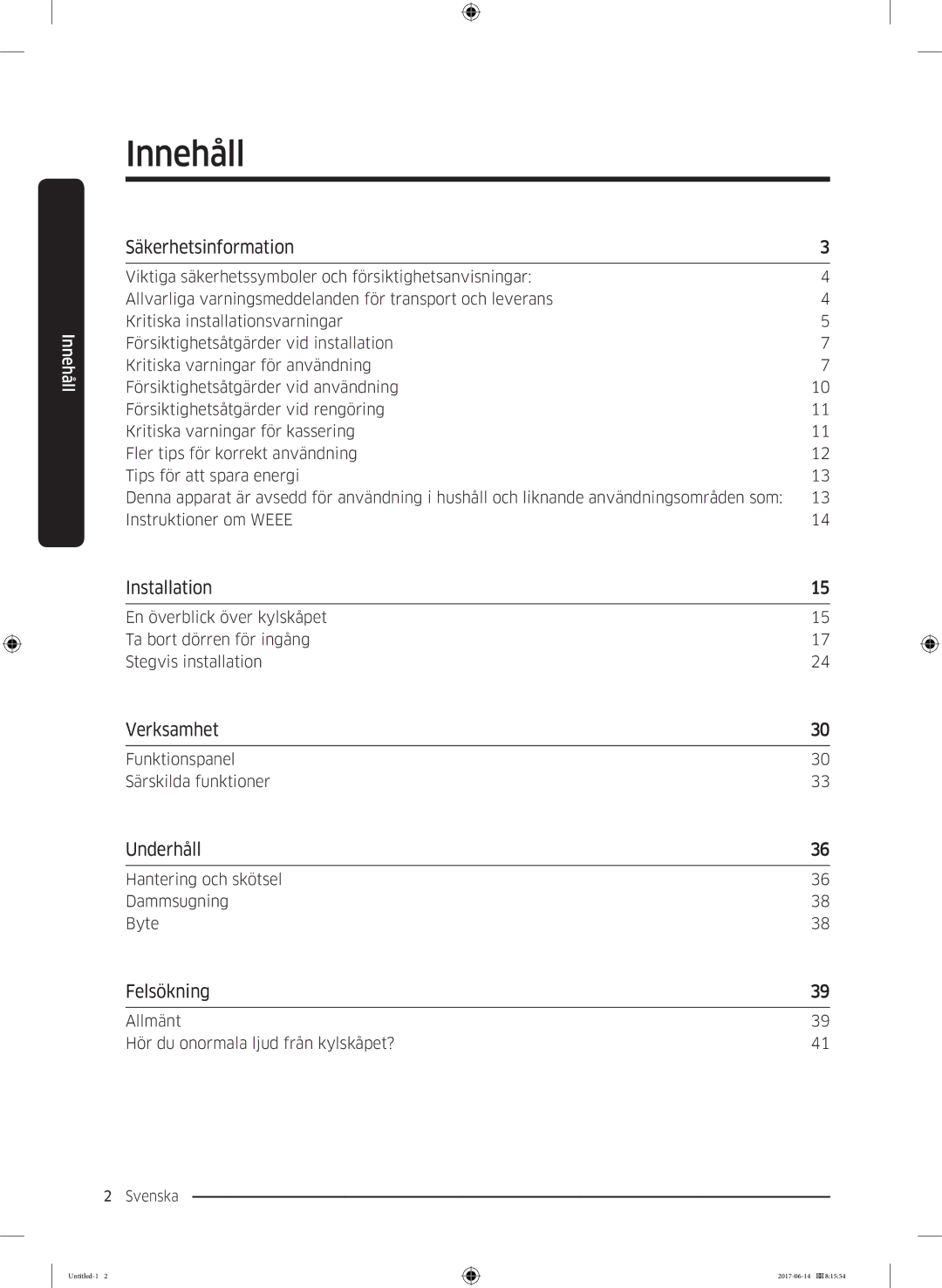 Samsung RF60J9020WZ/EE manual Innehåll 