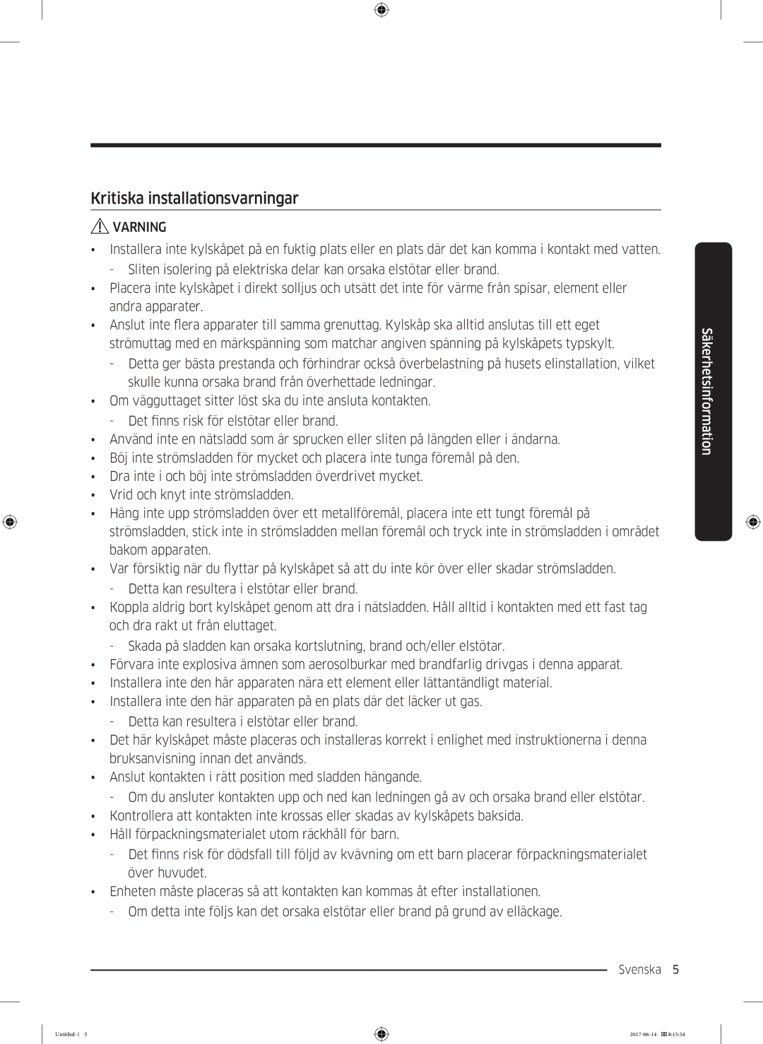 Samsung RF60J9020WZ/EE manual Kritiska installationsvarningar 