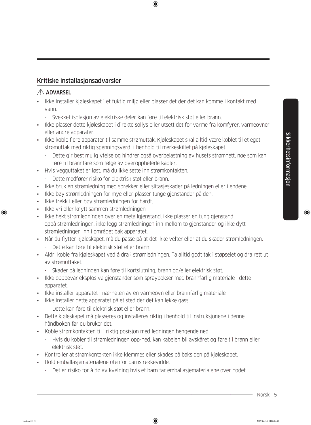 Samsung RF60J9020WZ/EE manual Kritiske installasjonsadvarsler 