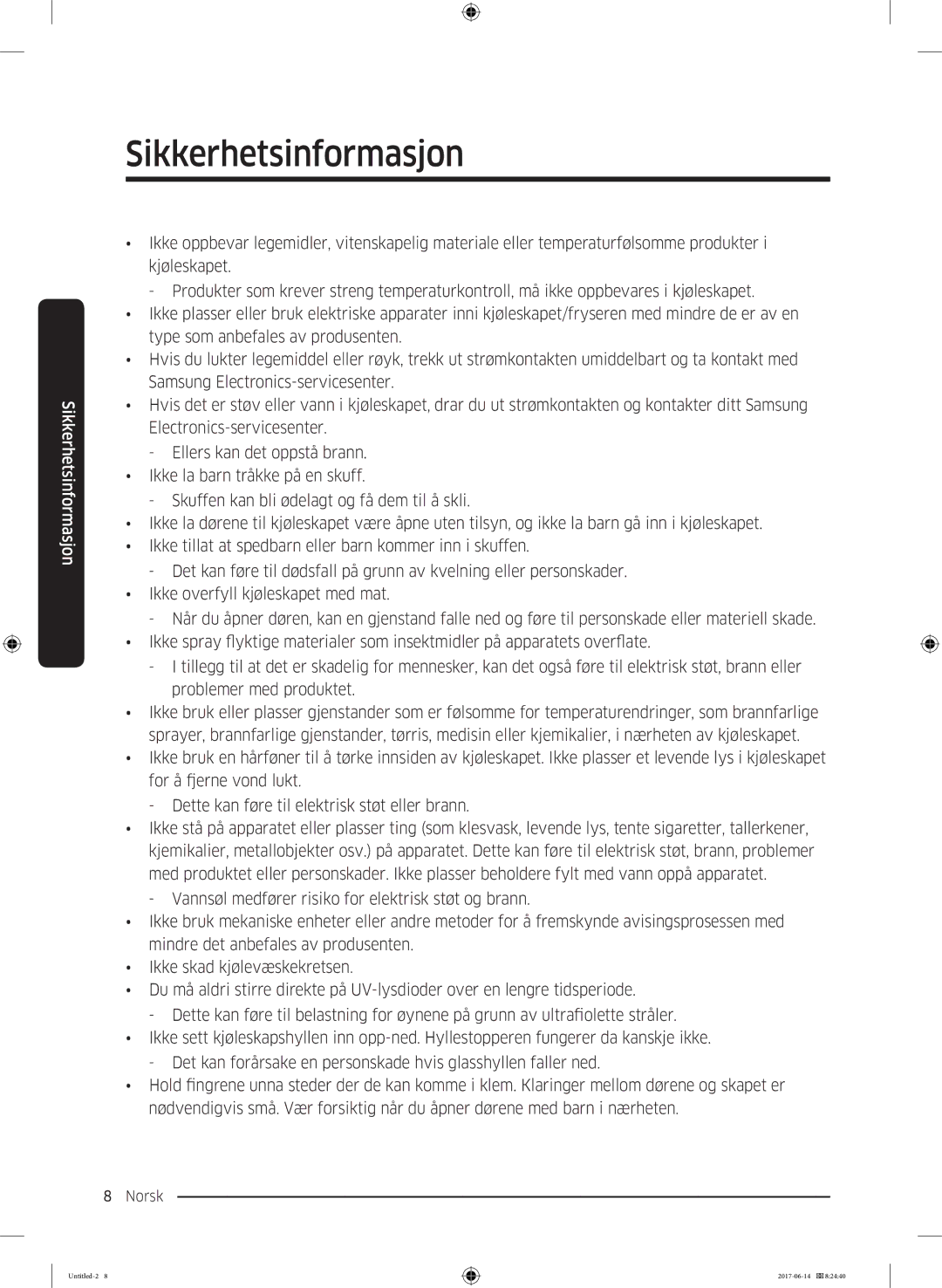 Samsung RF60J9020WZ/EE manual Sikkerhetsinformasjon 