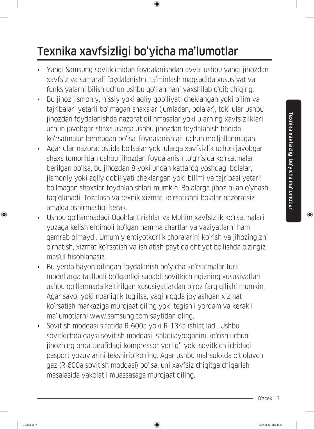 Samsung RF61K90407F/WT manual Texnika xavfsizligi bo‘yicha ma’lumotlar 