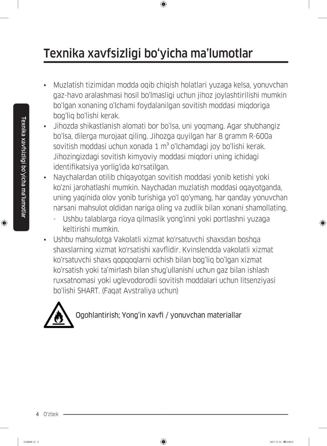 Samsung RF61K90407F/WT manual Texnika xavfsizligi bo‘yicha ma’lumotlar 