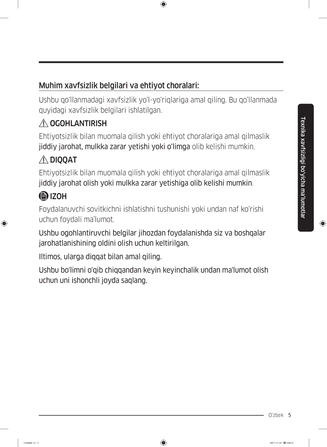 Samsung RF61K90407F/WT manual Ogohlantirish 