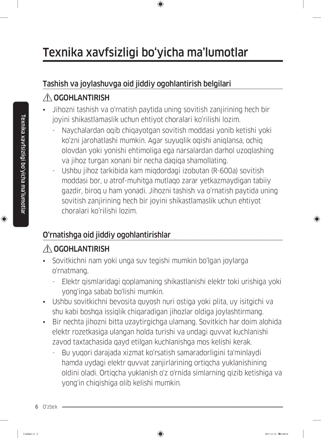 Samsung RF61K90407F/WT manual Tashish va joylashuvga oid jiddiy ogohlantirish belgilari 