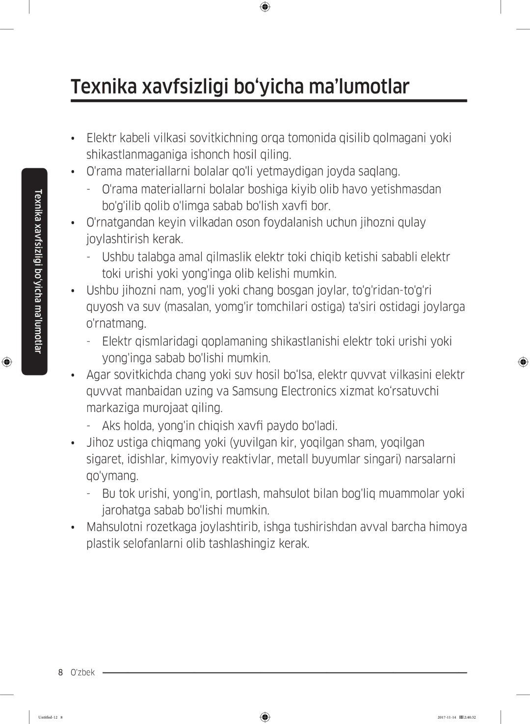 Samsung RF61K90407F/WT manual Texnika xavfsizligi bo‘yicha ma’lumotlar 