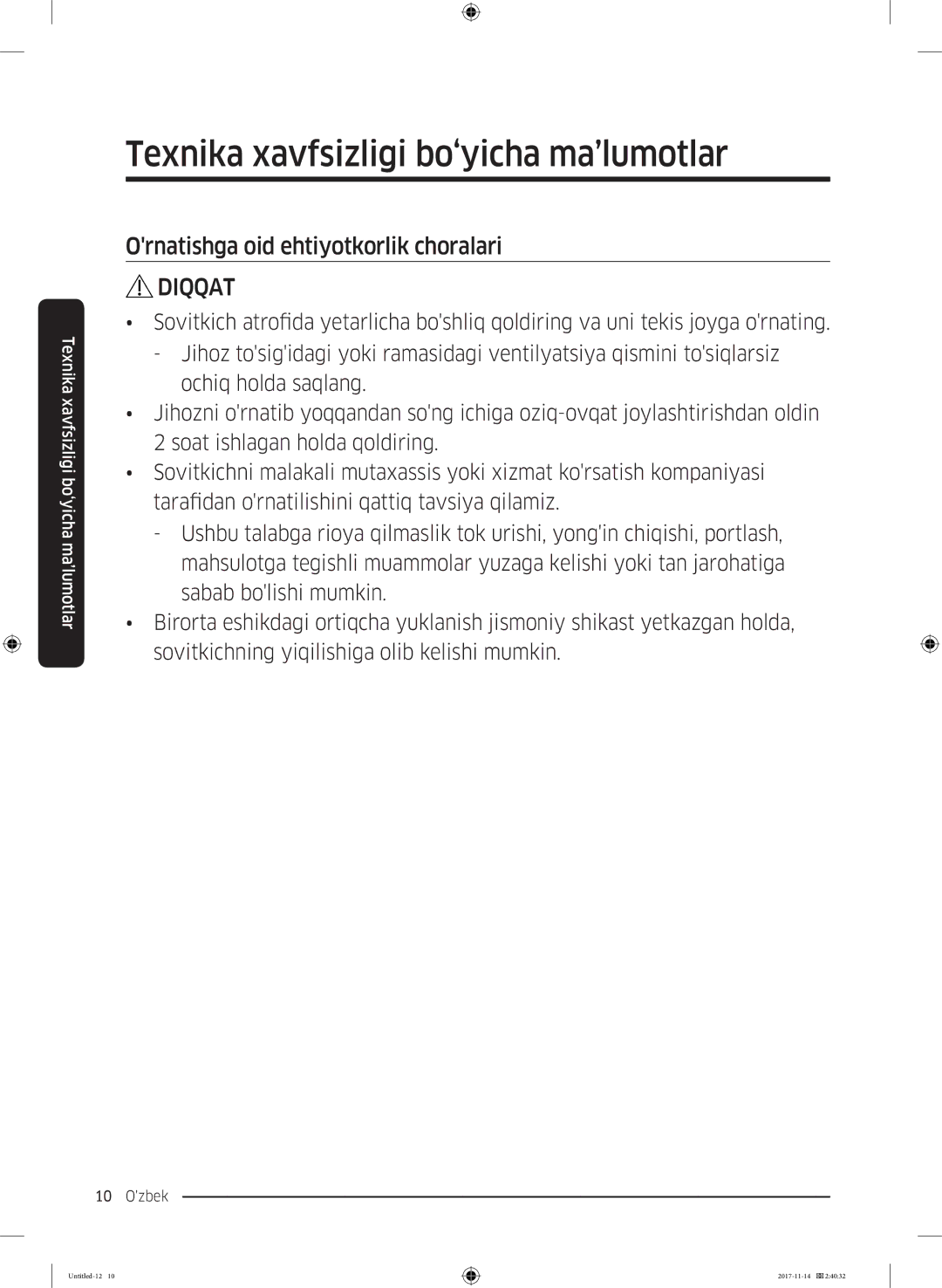 Samsung RF61K90407F/WT manual Ornatishga oid ehtiyotkorlik choralari 