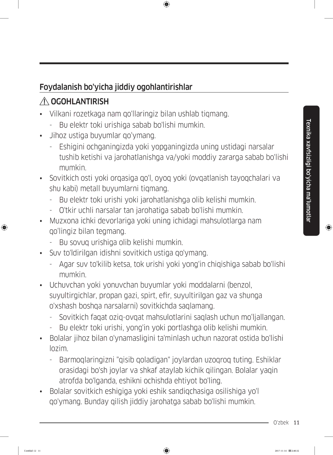 Samsung RF61K90407F/WT manual Foydalanish boyicha jiddiy ogohlantirishlar 