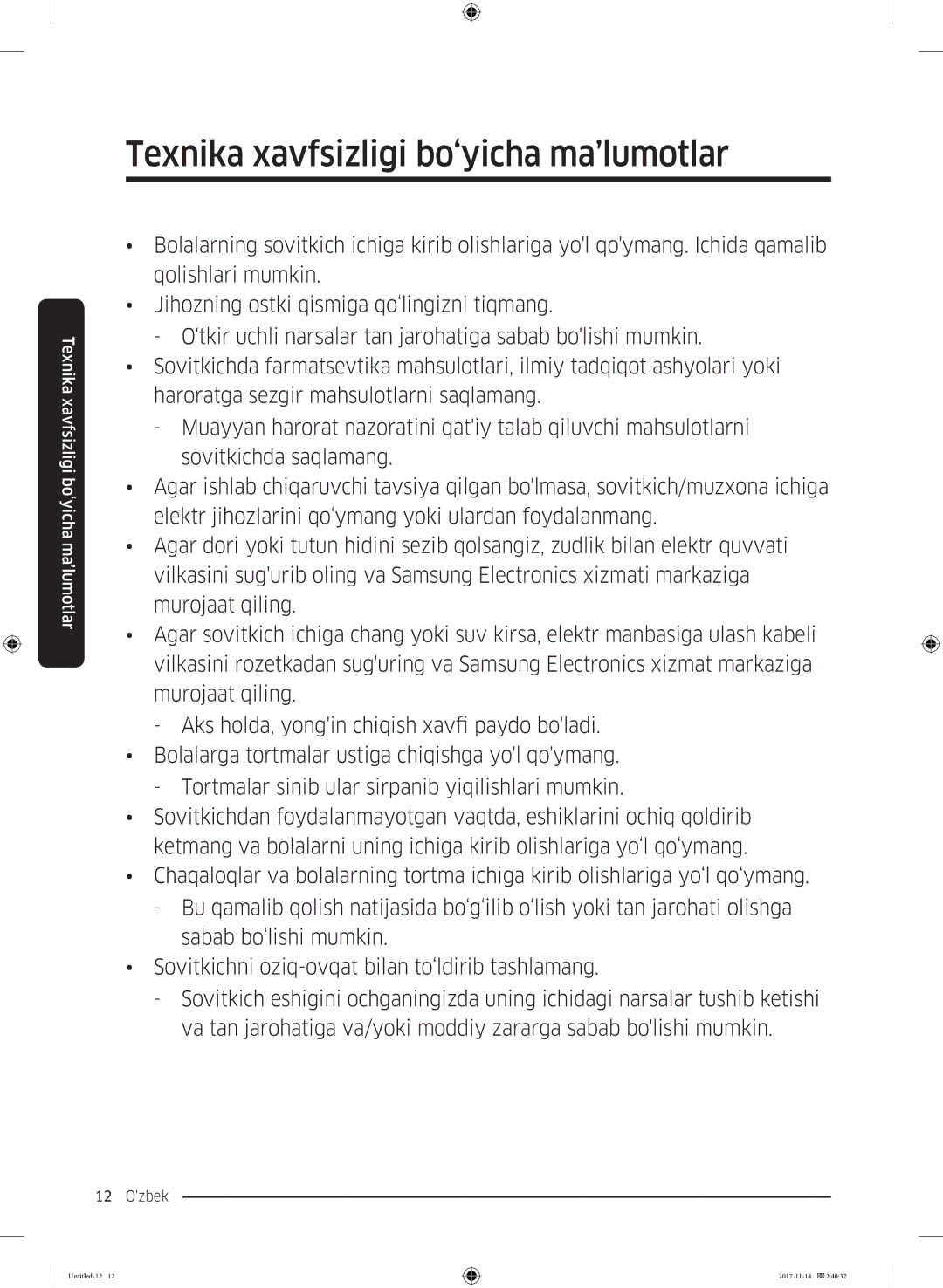 Samsung RF61K90407F/WT manual Texnika xavfsizligi bo‘yicha ma’lumotlar 