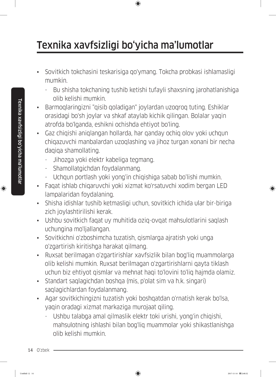 Samsung RF61K90407F/WT manual Texnika xavfsizligi bo‘yicha ma’lumotlar 