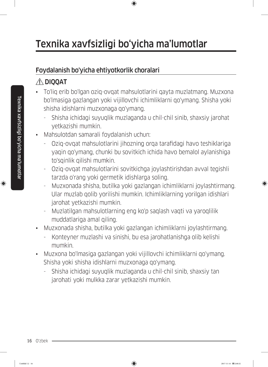 Samsung RF61K90407F/WT manual Foydalanish boyicha ehtiyotkorlik choralari 