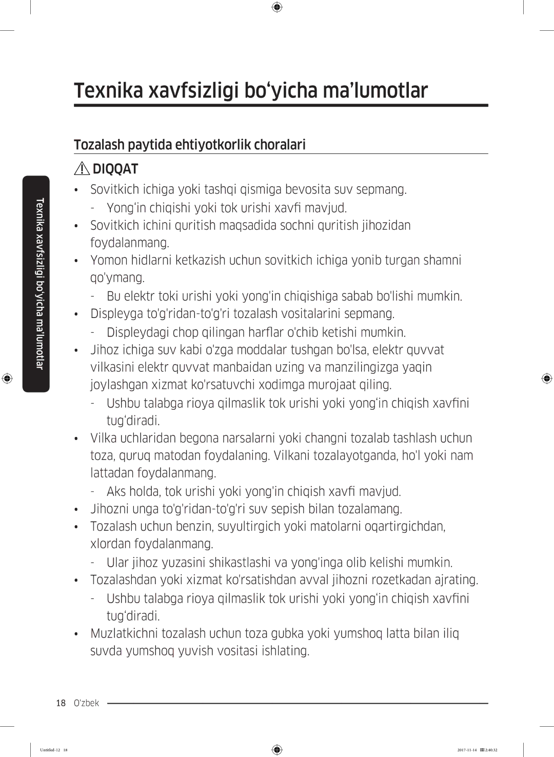 Samsung RF61K90407F/WT manual Tozalash paytida ehtiyotkorlik choralari 