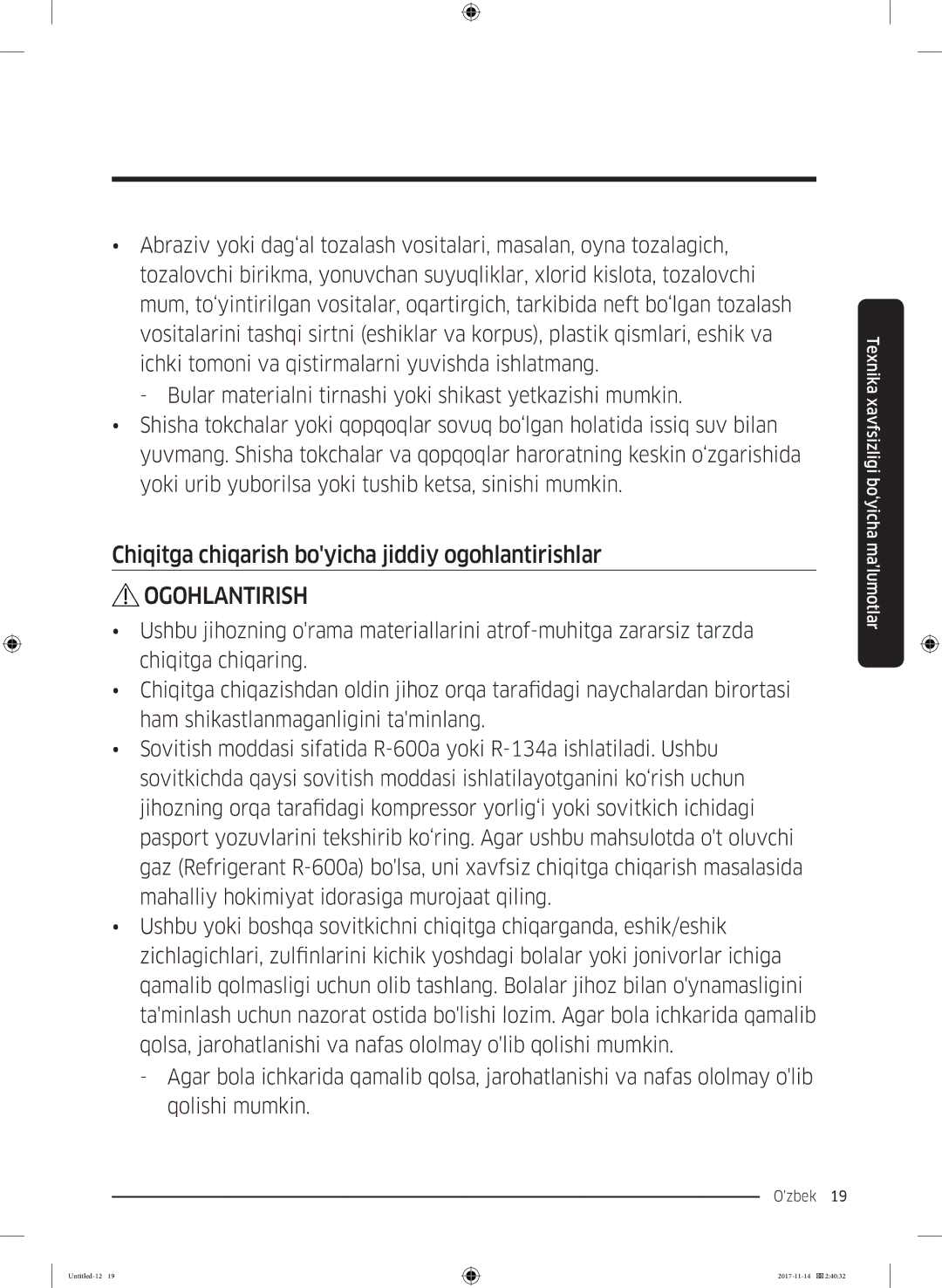 Samsung RF61K90407F/WT manual Chiqitga chiqarish boyicha jiddiy ogohlantirishlar 