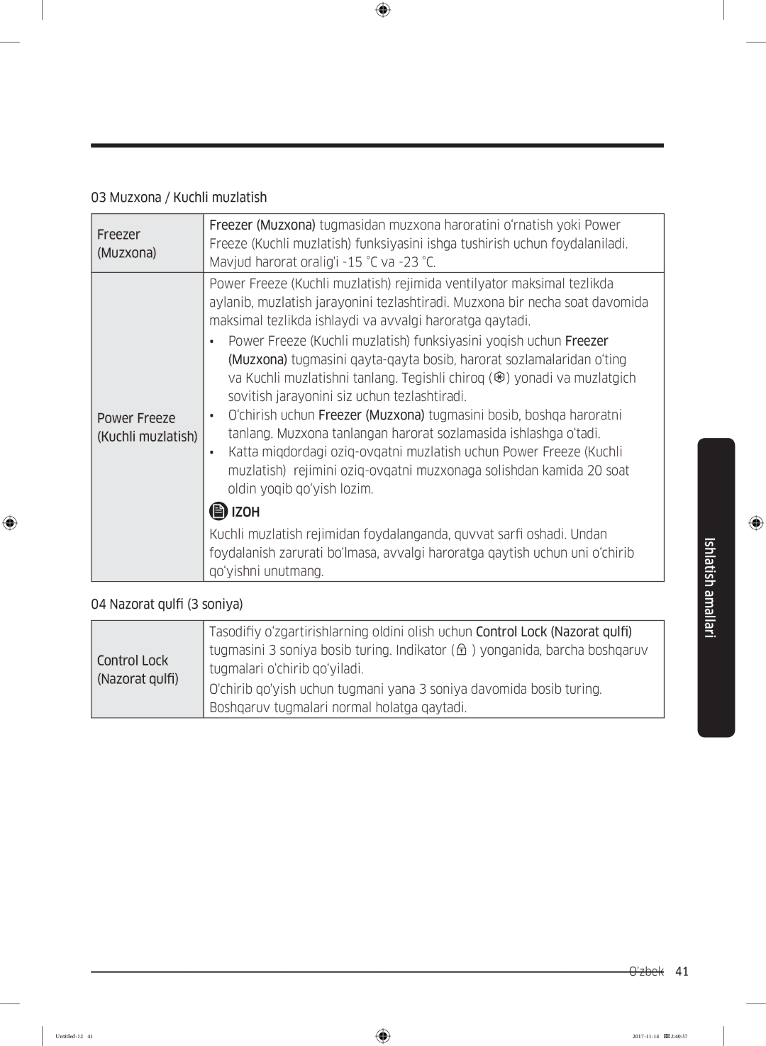 Samsung RF61K90407F/WT manual Qo‘yishni unutmang, Nazorat qulfi 3 soniya 