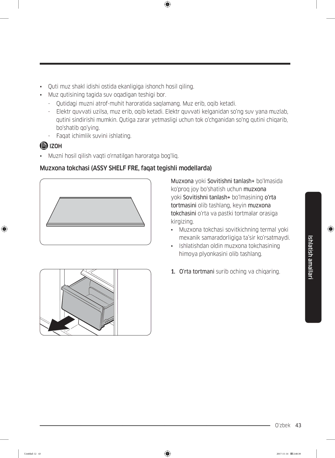 Samsung RF61K90407F/WT manual Muzxona tokchasi Assy Shelf FRE, faqat tegishli modellarda 