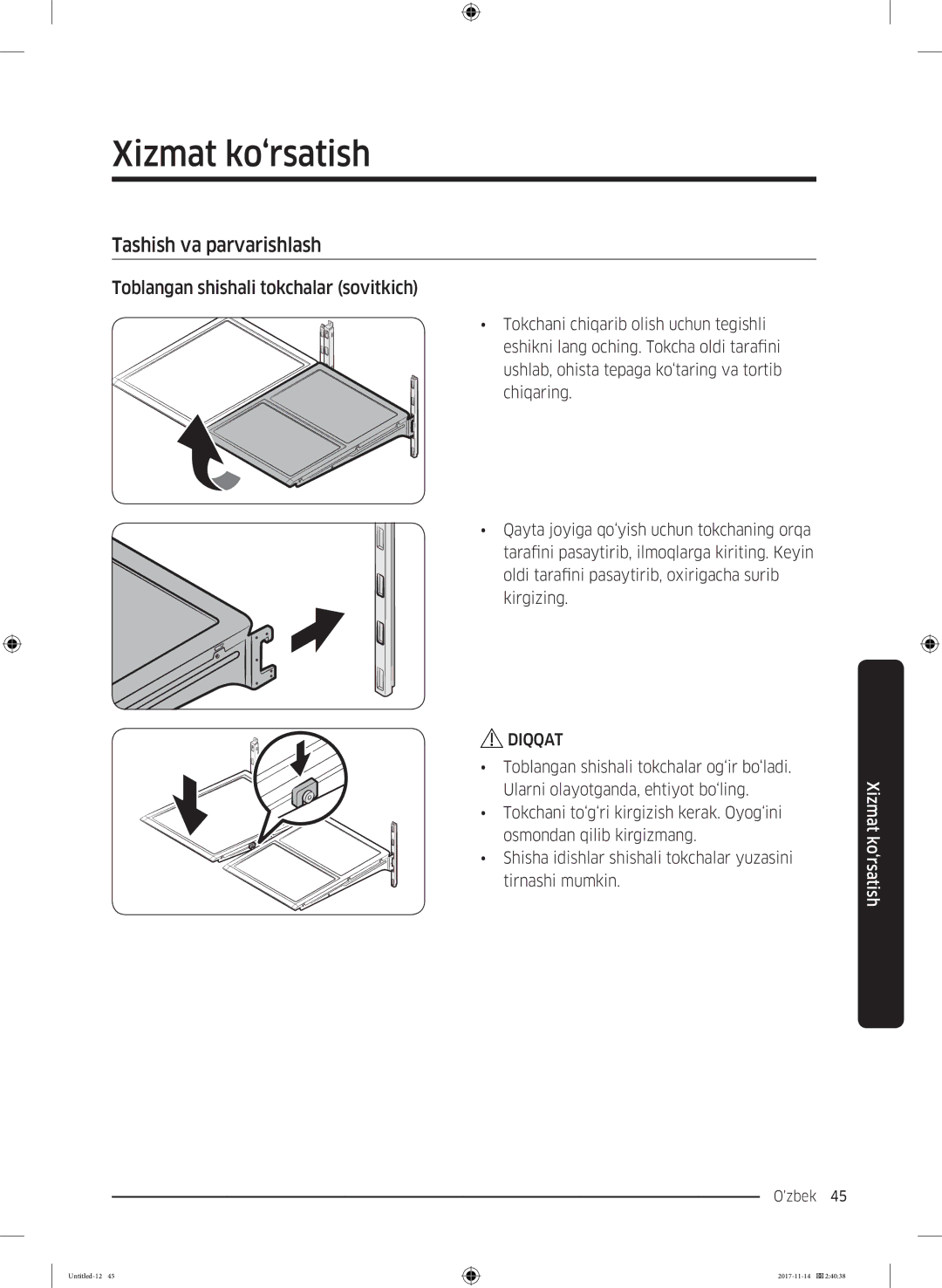 Samsung RF61K90407F/WT manual Xizmat ko‘rsatish, Toblangan shishali tokchalar sovitkich 