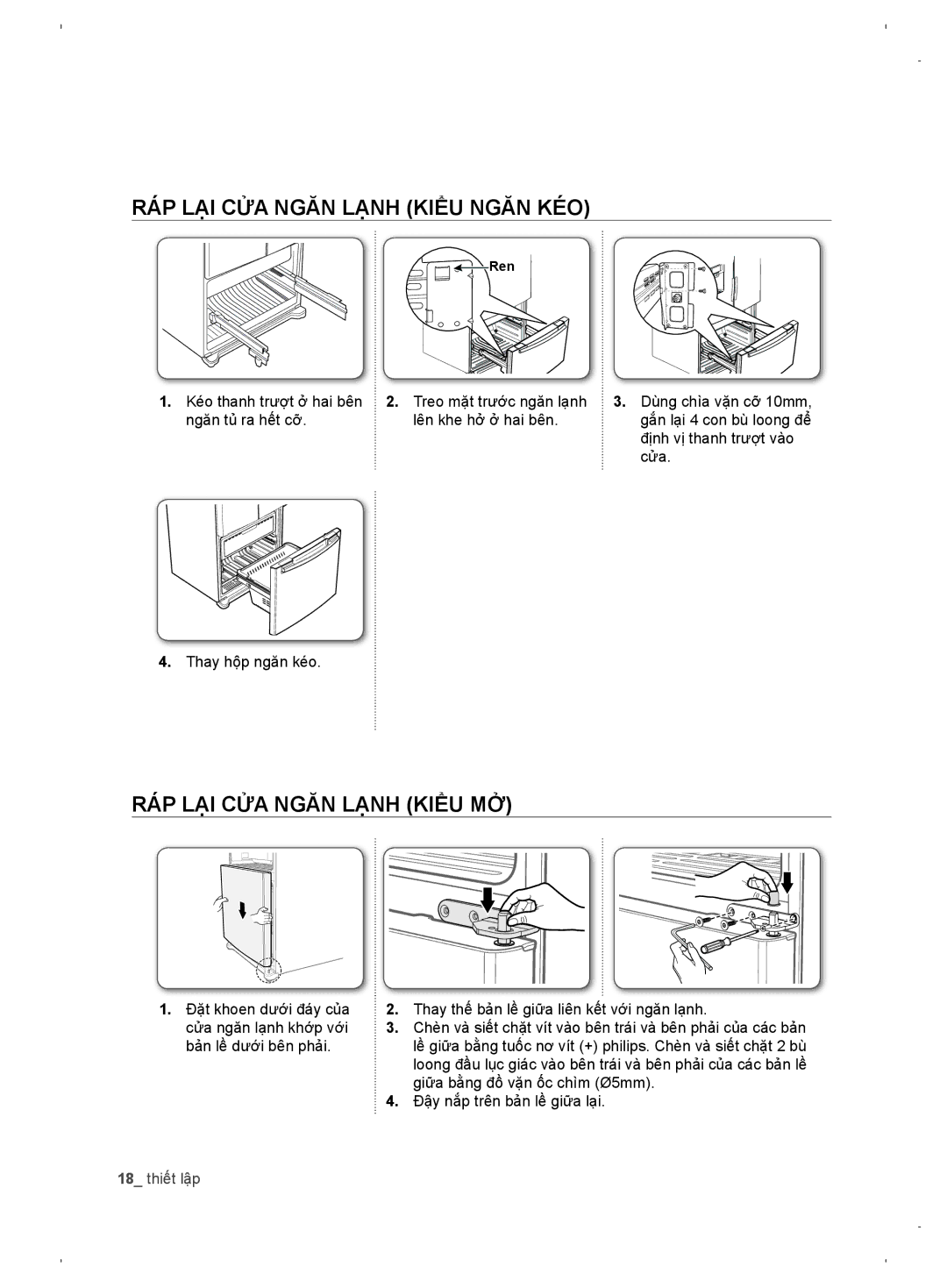 Samsung RF62DESW1/XSV, RF67DERS1/XSV, RF62DEPN1/XSV manual Ráp lại cửa ngăn lạnh Kiểu Ngăn KÉO, Ráp lại cửa ngăn lạnh Kiểu MỞ 