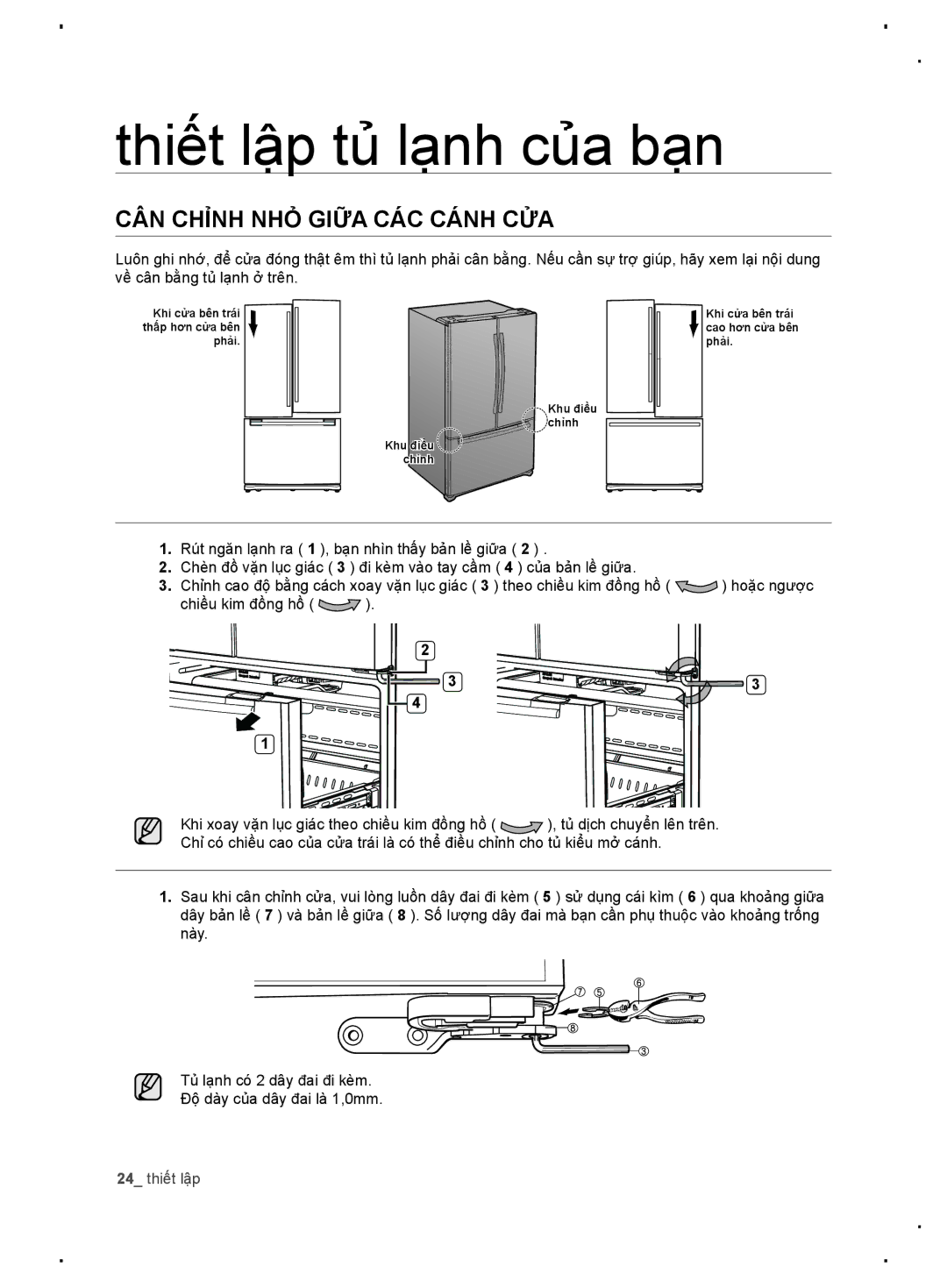 Samsung RF62DESW1/XSV, RF67DERS1/XSV manual Cân chỉnh nhỏ giữa các cánh cửa, Khi xoay vặn lục g iác theo chiều kim đồng hồ 