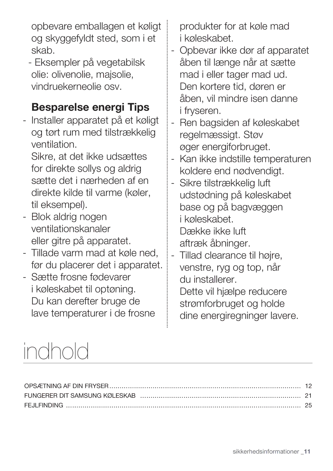 Samsung RF62QEPN1/XEE, RF62HEPN1/XEE manual Indhold, Besparelse energi Tips 